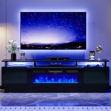 OneBlis 70" TV Stand for Living Room, Modern Entertainment Center & Media Console, Fits TVs up to 80", Storage Cabinet with Shelves, 36" Electric Fireplace with LED Flame (All Black) - Image 3