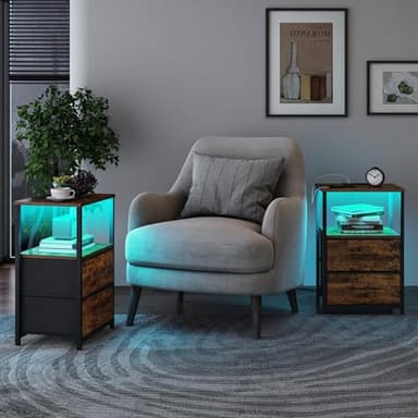 TUTOTAK LED End Table with Charging Station, Nightstand with Cloth Drawer, Side Table with 1 USB Port and 1 Type-C Port, Set of 2, Couch Table, Brown TB01BB052L - Image 2