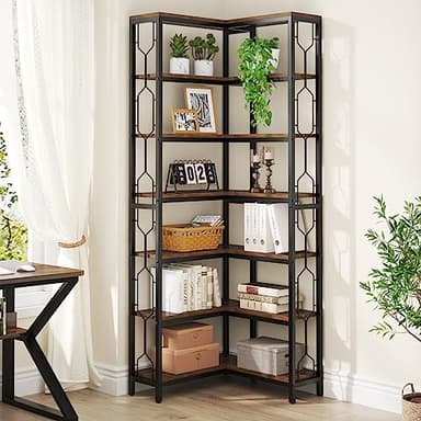 Tribesigns Corner Shelf, 7-Tier Industrial Corner Bookshelf, Wood and Metal Etagere Bookcase, Freestanding Display Shelf for Living Room, Kitchen, Home Office, Rustic Brown - Image 4