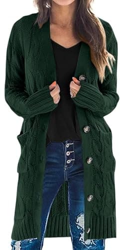 PRETTYGARDEN Long Sleeve Cable Knit Long Cardigan for Women 2025 Fall Winter Chunky Open Front Button Sweaters with Pockets(Dark Green,Small) - Image 1