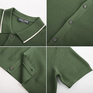 Men's Knit Short Sleeve Button Down Shirt Vintage Striped Polo Shirts Textured Shirt Army Green - Image 5