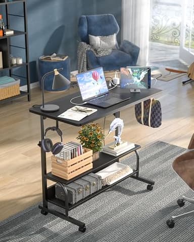 Armocity Height Adjustable Standing Desk with Power Outlets, 32" Manual Stand Up Desk with Storage Shelves Small Mobile Rolling Computer Desk Portable Laptop Table with Wheels for Home Office, Black - Image 2