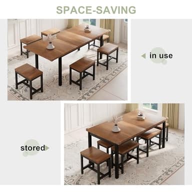 Feonase 7-Piece Dining Table Set with 6 Stools, 63" Large Extendable Kitchen Table Set for 4-8, Mid-Century Dining Room Table with Heavy-Duty Frame & MDF Board, Easy Assembly, Walnut - Image 3