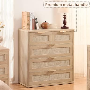 LEYAOYAO Rattan Dresser for Bedroom, 33.5" Tall Chest of Drawers, Modern 5 Drawers Boho Dressers with Storage, Light Oak Dresser Wooden Closet Organizer for Living Room, Hallway, Natural Wood - Image 4