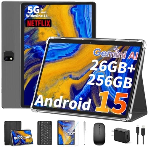 2025 Android 15 Tablet with Keyboard, 26GB(6+20)RAM+256 Storage(Expand to 2TB), 8000mAh Battery, Widevine L1, 10 Inch 2-in-1 Tablets with 5G/2.4G WiFi, BT5.0, GMS Certified, Mouse, Case, Stylus(Black) - Image 1