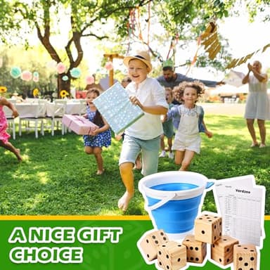 ropoda 3.5" Giant Wooden Yard Dice Set for Outdoor Fun, Barbeque, Party Events, Backyard Games, Lawn Games Includes 6 Dice, Collapsible Bucket, Score Cards & Dry Erase Marker - Image 7