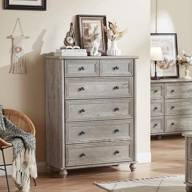 RWYHG Farmhouse 6 Drawer Dresser, 15.75" D x 31.5" W x 43.5" H Chest of Drawers for Bedroom, Grey Tall Dresser with 4 Solid Wood Feet, Wood Storage Dressers Organizer for Living Room Hallway Closet - Image 3