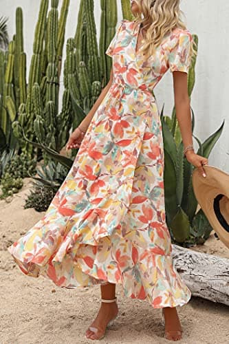 PRETTYGARDEN Women's Summer Wrap Maxi Dress Casual Boho Floral V Neck Short Sleeve Ruffle Hem Split Beach Long Dresses (White Floral,Large) - Image 8