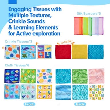 hahaland Baby Tissue Box Toy - Baby Toys 6-12 Months Montessori Toys for 6 Month Old with Textured Tails, Crinkle Tissues, Squeaky, Mirror, Gifts Play Silks Sensoy Scarves for Babies Stocking Stuffers - Image 7