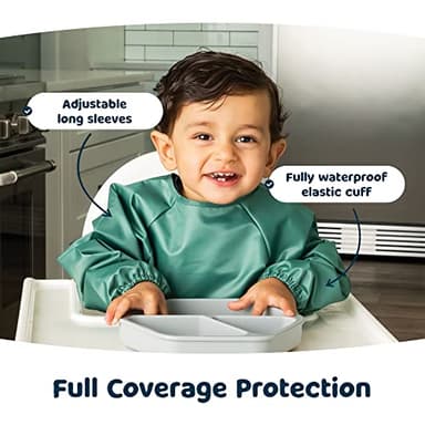 Tiny Twinkle Mess Proof Baby Bibs, 2pk Waterproof Smock Baby Bibs for Eating, Machine Washable Long Sleeve Bibs, Baby Led Weaning, Toddler Bibs, BLW Supplies (Slate Olive, Small 6-24 Months) - Image 8