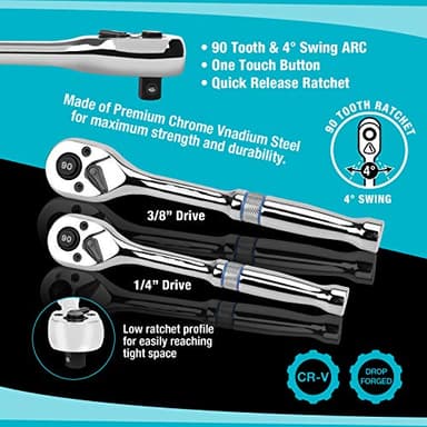 DURATECH 93 Piece Mechanics Tool Set, SAE/Metric Drive Socket Set(1/4 Inch and 3/8 Inch) with Ratchet handle Spark Plug Magnetic bit driver and Tool Accessories Set - Image 4