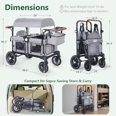 Kinder King Folding Wagon Stroller for 2 Kids, All-Terrain Baby Stroller Wagon Outdoor, Removable Canopy 2 Seater, Adjustable Handle, Shock-Absorbing Wheel, Detachable Tray, Parent Organizer, Gray - Image 2