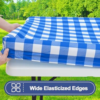Smiry Picnic Table Cloth 2 Pack, Waterproof Elastic Fitted Tablecloths for 6FT Rectangle Tables, Washable Polyester Buffalo Plaid Tablecloth for Camping, Dining & Outdoor (Blue & White, 30" x 72") - Image 2