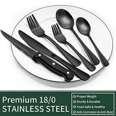 24-Piece Black Silverware Set with Steak Knives, Black Flatware Set for 4, Food-Grade Stainless Steel Tableware Cutlery Set, Mirror Finished Utensil Sets for Home Restaurant - Image 5