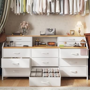 Romorgniz 55" W White Dresser for Bedroom with Deep Fabric Drawers, Long Chests of Drawers with 2 Open Wooden Shelves, Large Vanity Dressers for Entryway, Dorm, Sturdy Metal Frame, Wooden Top - Image 3