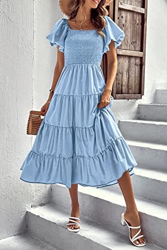 PRETTYGARDEN Women's Casual Summer Midi Dress Puffy Short Sleeve Square Neck Smocked Tiered Ruffle Dresses (Light Blue,Large) - Image 6