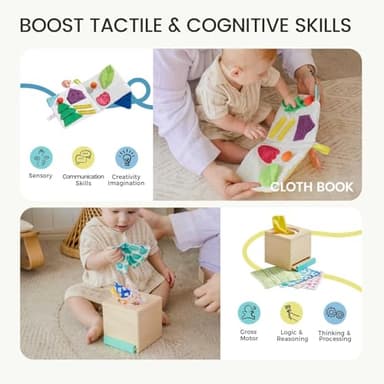 Tiny Land Montessori Baby Toy Set 4-6 Months – Early Learning Motor Skills Development Kit with 4-in-1 Soft Cloth Book, Spinning Rainbow Toy, Silicone Blocks and Baby Tissue Box - Image 3