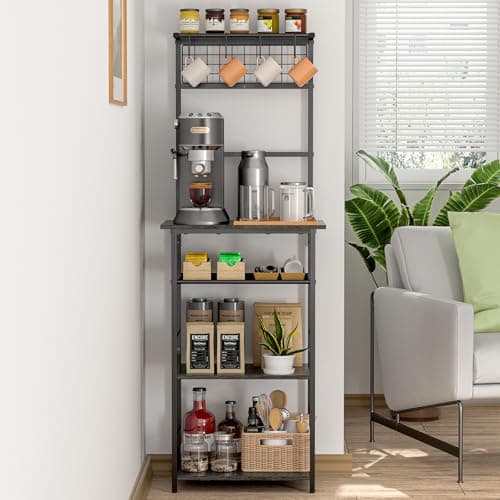 5 Tier Coffee Bar Station, Kitchen Stand with 4 S-Shaped Hooks, Farmhouse Corner Coffee Bar for Small Spaces, Bakers Rack for Kitchen, Entryway, Living Room, 13.43" D x 18.93" W x 53.31" H,Gray - Image 1
