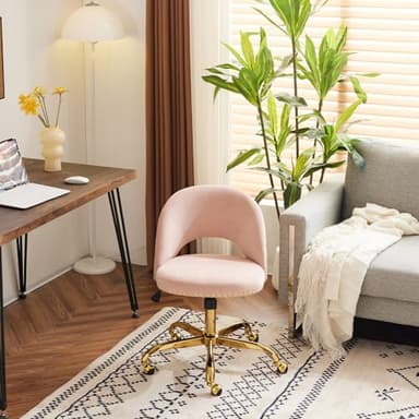 VINGLI Modern Velvet Small Office Chair,Cute Desk Chair with Wheels,Gold Base/Studs, Comfy Armless Swivel Vanity Task Chair for Women/Girl/Kids, Nail Tech Chair for Bedroom,Small Space,Pink - Image 9