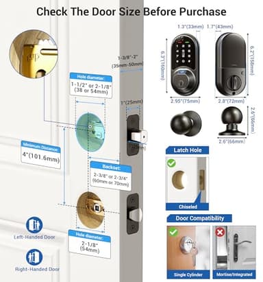 Veise RZ07C Smart Locks for Front Door, 2 Knob Handle Set, Fingerprint Keyless Entry, App Control Biometric Lock, Electronic Digital Touchscreen Keypad Deadbolt, Easy Install, Auto Lock, Matte Black - Image 6