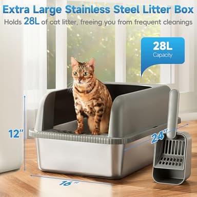 2 Pack Stainless Steel Cat Litter Box with Lid, XL Extra Large Metal Box for Big Cats, 24" L x 16" W x 12" H, Enclosed Litter Box High Sided, Non-Sticky, Include Litter Scoop - Image 3