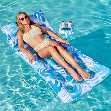 SLOOSH Adjustable Backrest Pool Floats - Tropical Leaves Pool Lounger Floaties Adults with Cup Holders, Inflatable Tanning Float Rafts Chair Beach Lake Lounge Floating Above Water Keep Cool (Blue) - Image 8