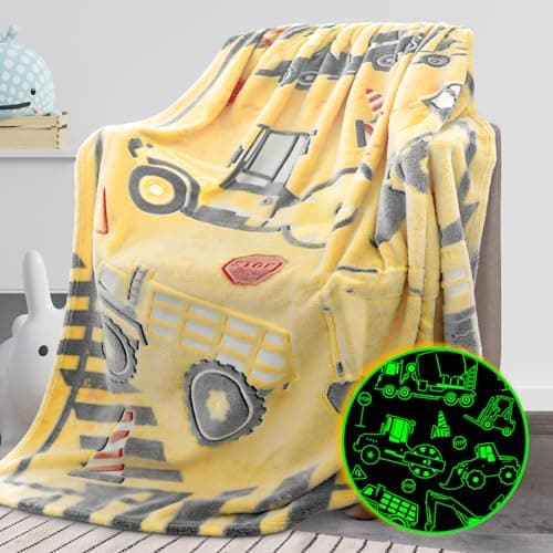 REXEO Glow in The Dark Truck Blanket for Kids - Cute Soft Excavators Fleece Construction Toddler Boy Blanket - Birthday Gifts - Image 1