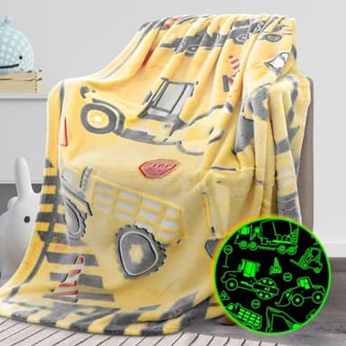 REXEO Glow in The Dark Truck Blanket for Kids - Cute Soft Excavators Fleece Construction Toddler Boy Blanket - Birthday Gifts - Image 1