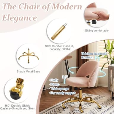 VINGLI Modern Velvet Small Office Chair,Cute Desk Chair with Wheels,Gold Base/Studs, Comfy Armless Swivel Vanity Task Chair for Women/Girl/Kids, Nail Tech Chair for Bedroom,Small Space,Pink - Image 4