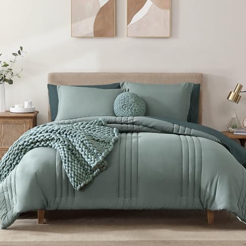 Monbix Queen Comforter Set - 7 Pieces Sage Green Bed in a Bag Queen Bedding Sets with Comforters, All Seasons Comforter Bed Set with Sheets,Pillowcases & Shams - Image 1