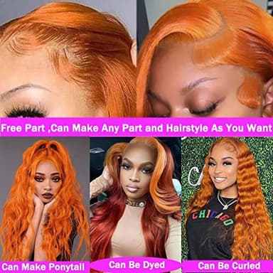 26 Inch 13X4 Orange Ginger Lace Front Wigs Pre Plucked Body Wave Wig Brazilian Colored Virgin Wigs for Black Women Invisible HD Lace Frontal Wig Human Hair 180 Density - Image 5