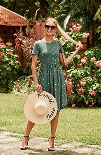 Women Summer Sleeve Pocket Modest Teacher Outfits Midi Knee Casual Dress Green M - Image 3