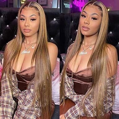 Ombre Lace Front Wig Human Hair 28inch Highlight 13x4 HD Straight Lace Front Wigs 180% Density 4/27 Colored Honey Blonde HD Lace Frontal Wigs For Women Glueless Pre Plucked with Baby Hair - Image 9