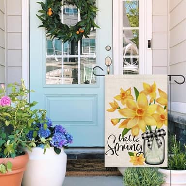 OPULANE Hello Spring Garden Flag Mason Jar Floral Buffalo Plaid Bow 12x18 Inch Double Sided Outside Small Burlap for Seasonal Yard Decoration Flag - Image 2