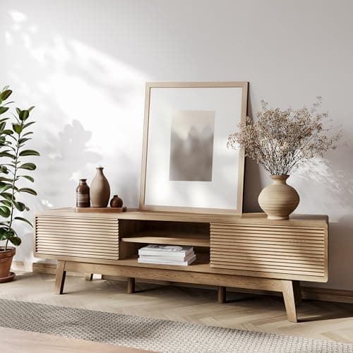 TOLEAD 59" TV Console, Mid Century Modern Media Console for 55/60/65 Inch TV, Low Profile TV Stand with Fluted Sliding Doors, Boho Light Wood Credenza for Living Room, Oak - Image 1