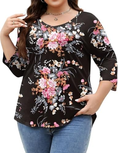 TFSDOD Plus Size Tops for Women 3/4 Sleeve V Neck Long Sleeve Shirt Women Summer Outfits Black Big Red Floral XXL - Image 2