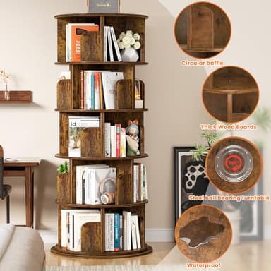 Besiost Rotating Bookshelf Tower, 5 Tier Spinning Bookcase, Revolving 360 Book Shelf Narrow Tall Bookcase, Vertical Turning Round Bookshelf Organizer, Corner Book Shelf for Small Space, Rustic Brown - Image 7