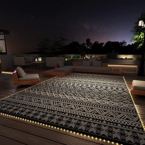 MontVoo-Outdoor Rug Carpet 8x10 ft for Patio RV Camping with Led Strip Lights Waterproof Plastic Straw Rug Reversible Portable Outside Indoor Outdoor Rug Mat for Patio Decor Balcony Picnic-Boho Rug - Image 1