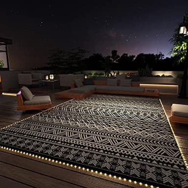 MontVoo-Outdoor Rug Carpet 8x10 ft for Patio RV Camping with Led Strip Lights Waterproof Plastic Straw Rug Reversible Portable Outside Indoor Outdoor Rug Mat for Patio Decor Balcony Picnic-Boho Rug - Image 1
