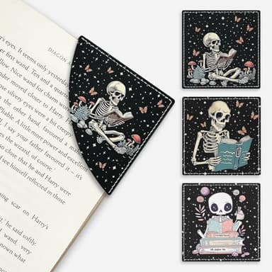 Icycay Skeleton Book Corner Bookmarks, Funny Leather Book Accessories for Book Lovers, 3 Pcs Reading Book Page Markers for Women Men Student Teacher Retirement Birthday Gifts - Image 1