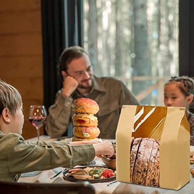 NOONEAST 100 Pack Large Paper Bread Bags for Homemade Bread Sourdough Bags 14" x 8.3" x 3.5" with Tin Tie Tab Lock Clear Front Window Bakery Bag Packaging Cookie Bag with Label Seal Stickers - Image 3