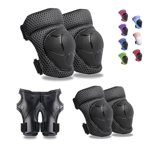 GEQID Kids Knee Pads Elbow Pads Wrist Guards Set ,Protective Gear for 4-6-12 Boys Girls Roller Skating Scooter Skateboarding Bike (Black, Free Size (4-12 Years or 40-80lbs)) - Image 1
