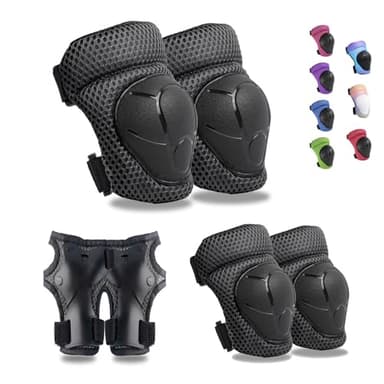 GEQID Kids Knee Pads Elbow Pads Wrist Guards Set ,Protective Gear for 4-6-12 Boys Girls Roller Skating Scooter Skateboarding Bike (Black, Free Size (4-12 Years or 40-80lbs)) - Image 1