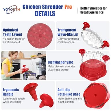 Chicken Shredder Tool Twist: 2025 Pro Food-Grade Visible Meat Shredder with Strong Anti-Slip Base, Ergonomic Handle, Chicken Breast Shredder, Suitable for Pork Beef Chicken (Red, 10.8 inch) - Image 2