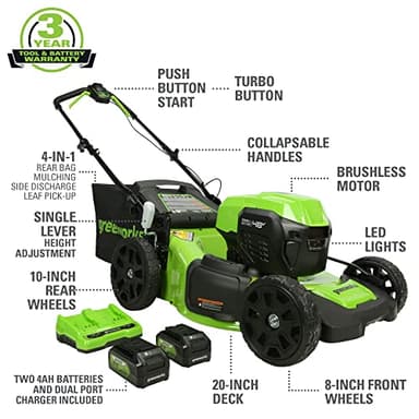 Greenworks 48V (2x24V) 20" Cordless Push Mower, 12" String Trimmer, 320 CFM Blower,10" Chainsaw,and 22" Hedge Trimmer Combo Kit - Image 2