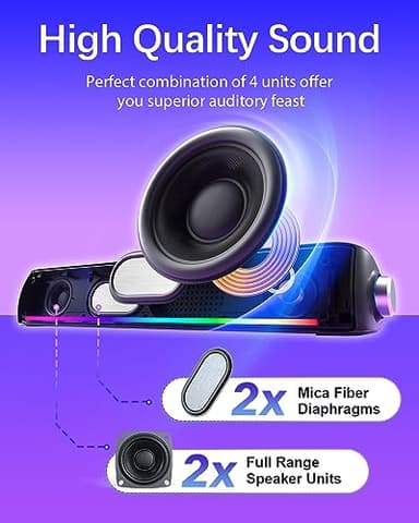 Computer Speakers, Hi-Fi Sound Quality Computer Sound Bar, Bluetooth 5.0 & 3.5mm Wired PC Speakers with 4 Dynamic Lighting Modes, USB Powered Speakers for PC, Desktop, Laptops, Phones, Monitors, Xbox - Image 2
