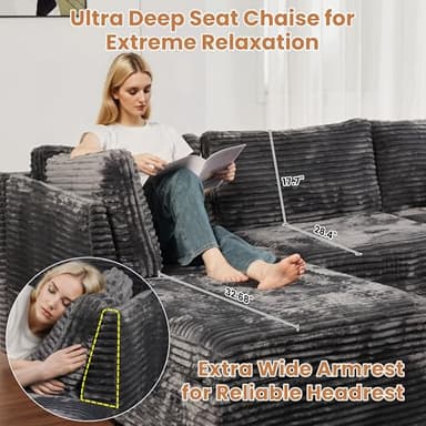 ovios Sectional Sofa Couch with U-Shape Chaise Sofa Bed, Comfy Modular Cloud Couches with Deep Seat, Modern Upholstered Plush Corduroy Sofas Set for Living Room, 7-Seater, Grey - Image 8