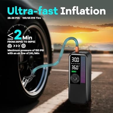 Tire Inflator Portable Air Compressor, 150 PSI Cordless Air Pump, Dual Power 6000mAh, 12V DC Car Plug, Fast Inflation 24L/Min, Auto Shut-Off, LED Light, 4 Preset Modes for Car, Bike, Motorcycle, Balls - Image 3