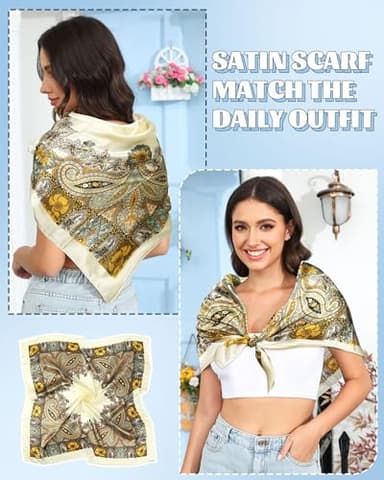 AWAYTR 35” Large Square Satin Head Scarf - 3Pcs Satin Hair Scarves Silk Feeling Bandana Headscarf for Women (Cashew(Camel/Black/Beige)) - Image 4