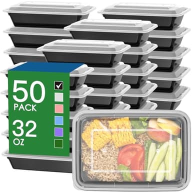 50 Pack (100-Piece) 32 oz Meal Prep Containers Reusable with Easy Open Lids, Sturdy Leakproof Food Safe, Microwave Freezer Dishwasher Safe, To Go Take Out Plastic Food Storage Pans with Lids, Black - Image 1